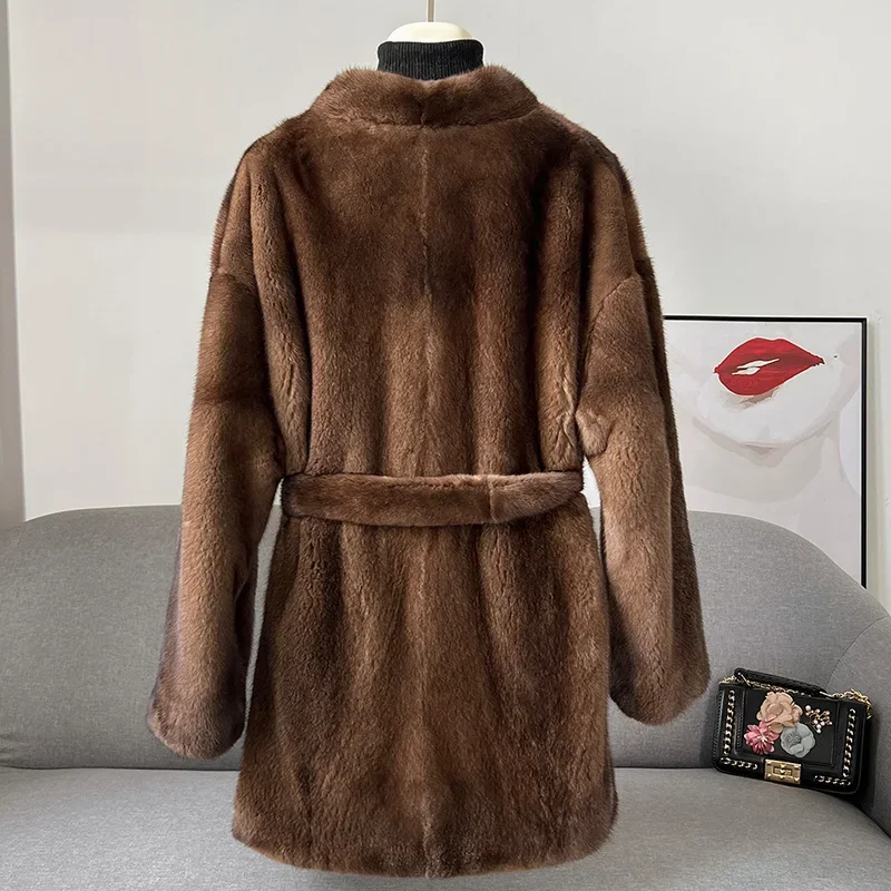 2023 New Whole Mink Fur Coat Women\'s Velvet Mink Medium Long Fur Jackets for Women Winter Jacket Lace Up Elegant Ladies Tops FCY