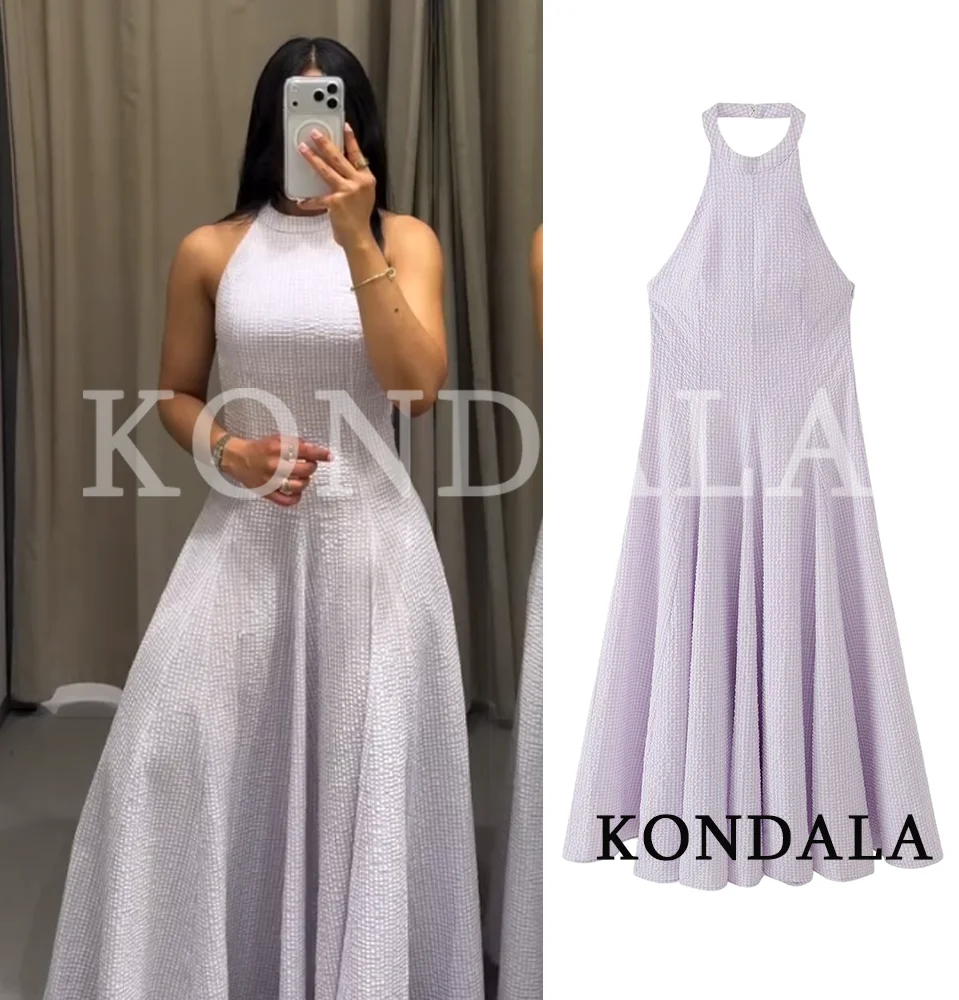 KONDALA Damen Elegantes Fliederfarbenes Kariertes Neckholder-Kleid Sommer Urlaub Lässiger Streetstyle Plissiertes Langes Kleid Neu 2026 Modisches Schickes Kleid
