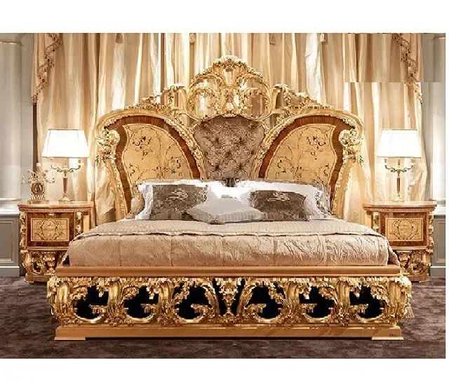 Teak Wood King Size Bedroom Furniture Set European Style Bedroom Furniture Luxury Gold Finish Wooden Bedroom Set Manufacturer