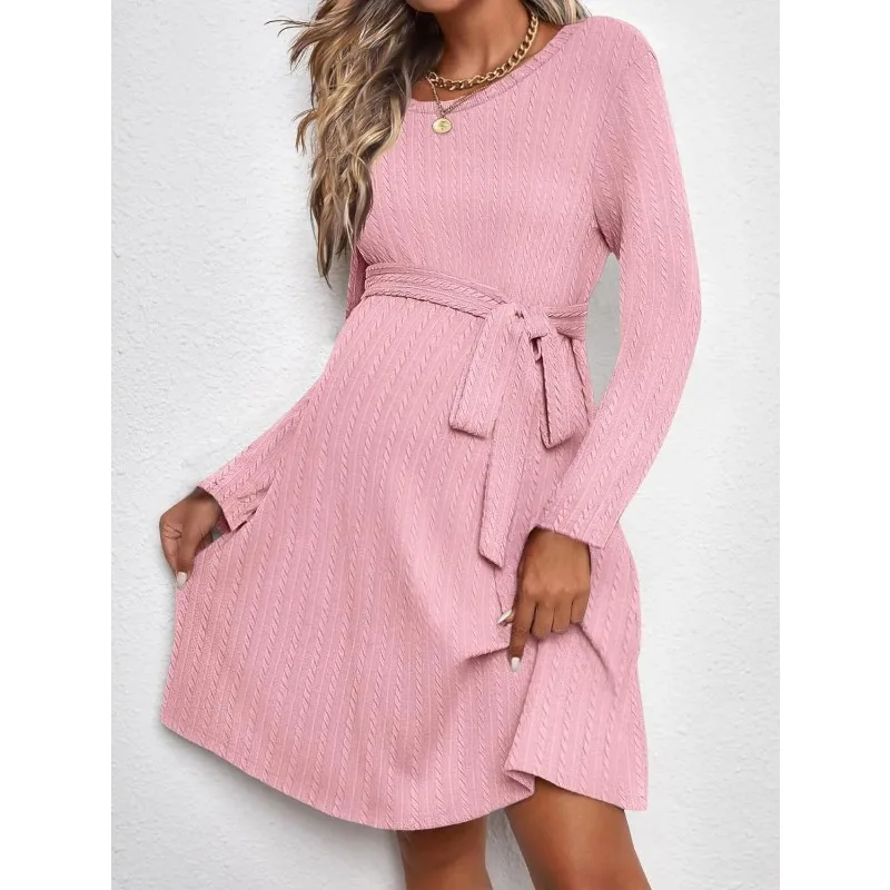 Women's Dress Floral Pink Long Sleeve Round Neck Midi Tie Waist Dresses Solid Flared Hem Maternity A Line Dress for Woman