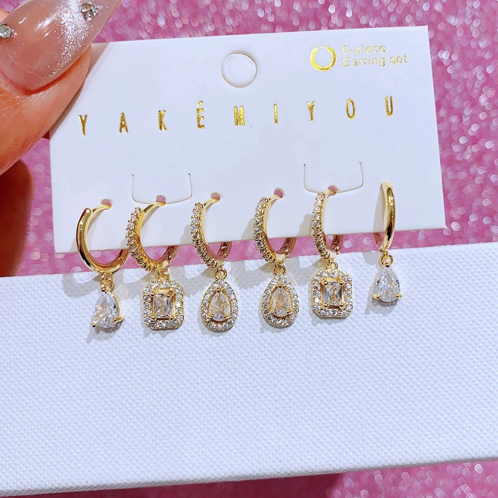 MIGGA 3 Pairs Cubic Zirconia Water Drop Dangle Earrings Set Luxury Gold Color Plated Women Jewelry