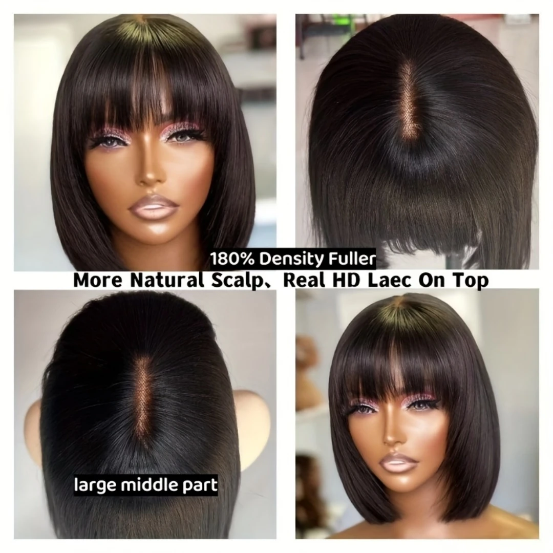 Cheap Glueless Short Straight Bob Human Hair Wigs With Bang Full Machine Made Wigs Brazilian Remy Wear and Go Bob Wig For Women