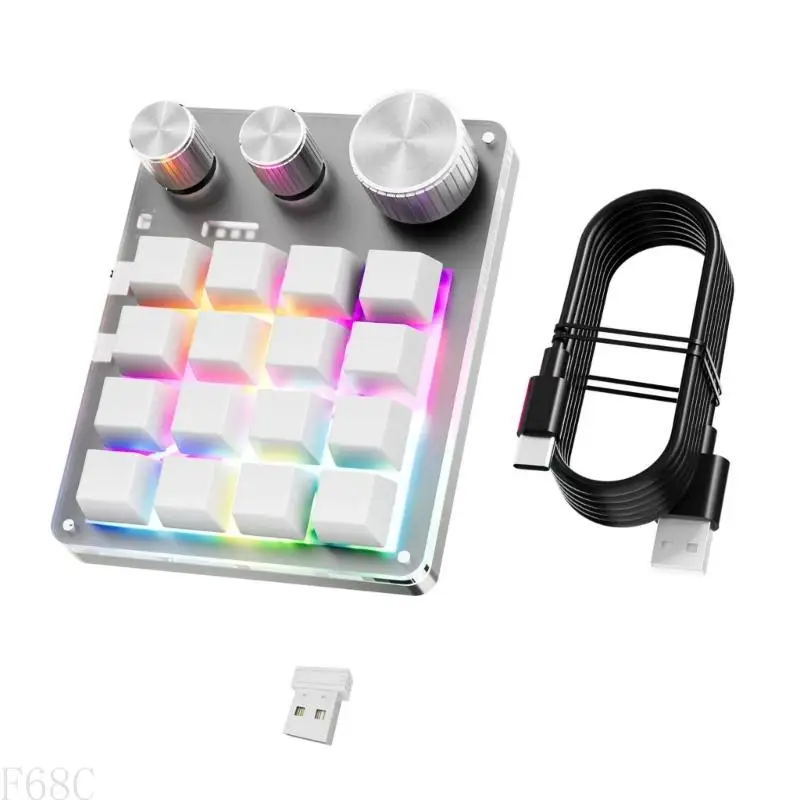 F68C Darded Macro Programmable клавиатура USB Mini 16Keys 3 ручки Hotswappable Mechanical Keyboard Wireless для игр