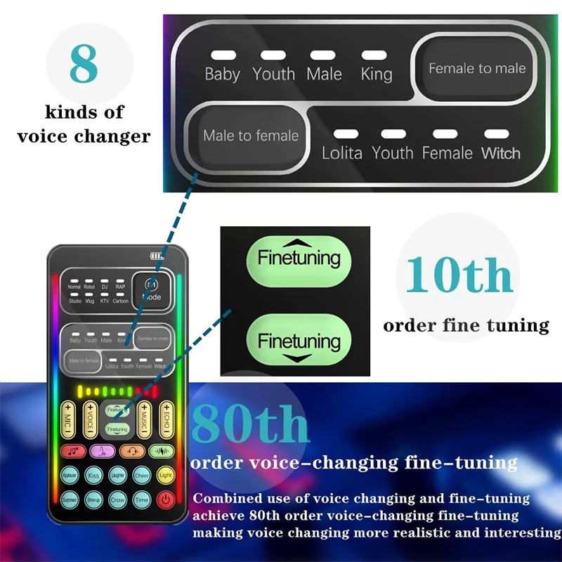 Live Sound Card Mini Efeito Áudio Portátil Voice Changer Telefone PC Tablet Speaker Device 8 Sound Changes Karaoke Tool