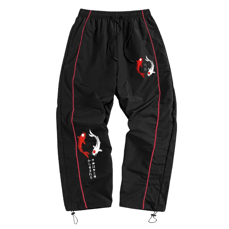 Men's Koi Fish Print Trendy Sporty Pants with Lines Gym Workout Running Trousers with Side Pockets Athletic Quick Dry Sweatpants