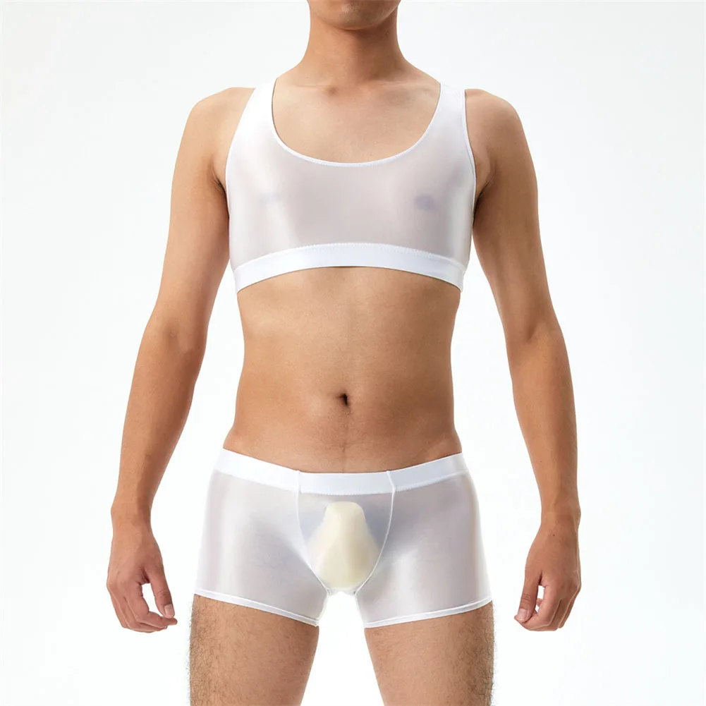 

Sleek and Trendsetting Posing SeeThrough Top & Trunks for Men's Sexy Oil Glossy Silky Vest Underwear Set