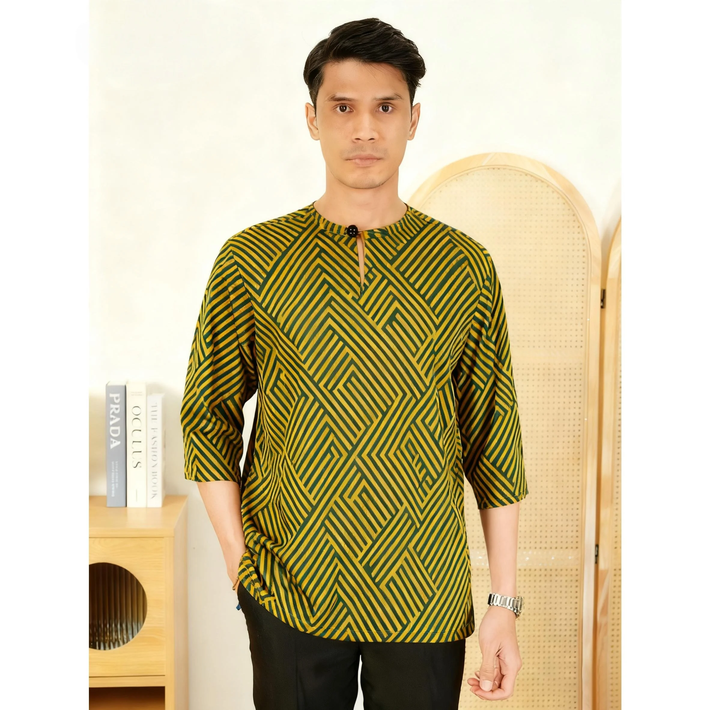 ملابس رجالية مسلمة الوقوف طوق الذهبي ثلاثية الأبعاد طباعة تي شيرتات قصيرة الاكمام العصرية ملابس كاجوال Ropa Arabe De Hombre الإسلامية #3