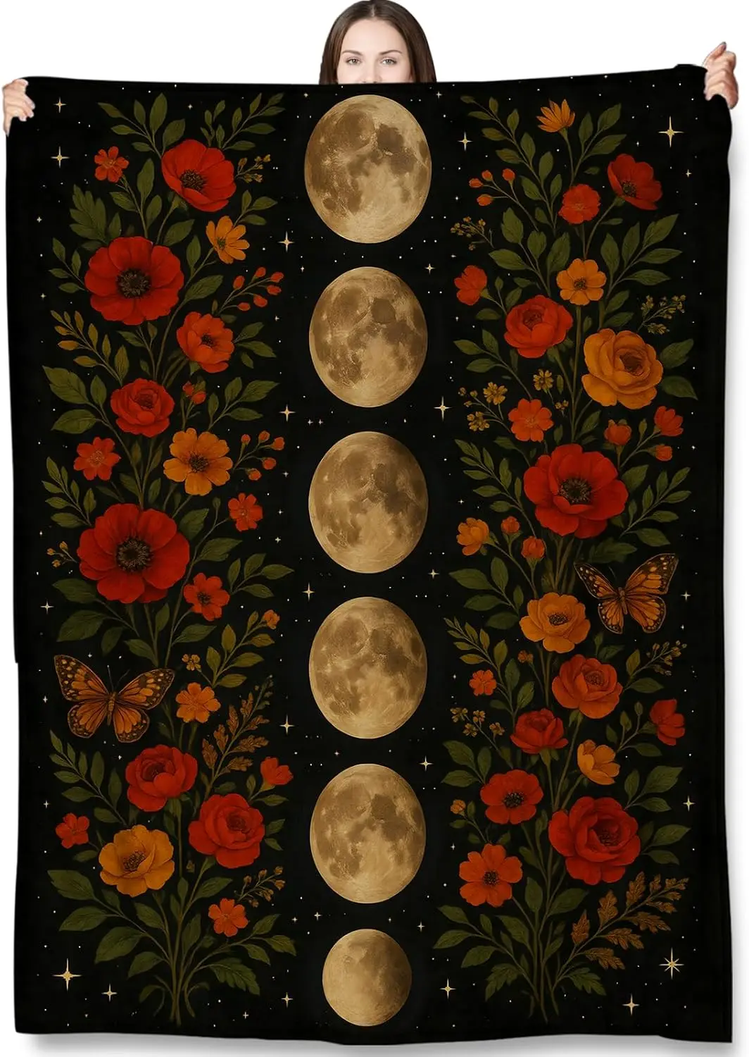 Moon Phase Throw Blanket Gifts for Adults Kids,Celestial Floral Blankets for Living Room Bedroom Decor,Fuzzy Warm Flannel Plush