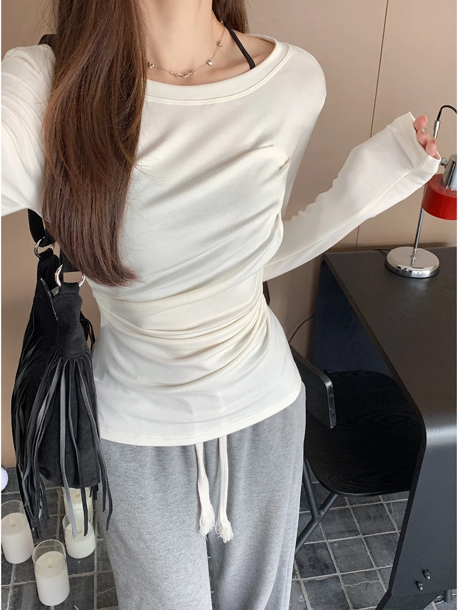 تي شيرت نسائي طويل بقصة ضيقة من Sve بطبقة أساسية، تصميم كوري غير متماثل، ملابس داخلية مريحة تسمح بالتهوية باللون الأبيض #5