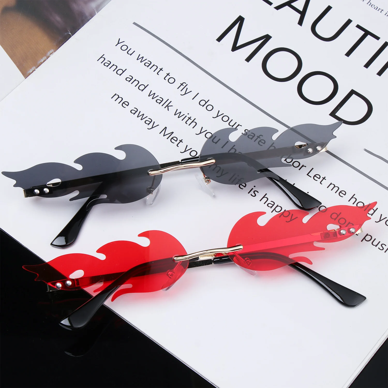 Luxury Cat Eye Sunglasses Women Vintage Brand Designer Rimless Fire Flame Sun Glasses Trending Mirror Lens Narrow Eyewear UV400