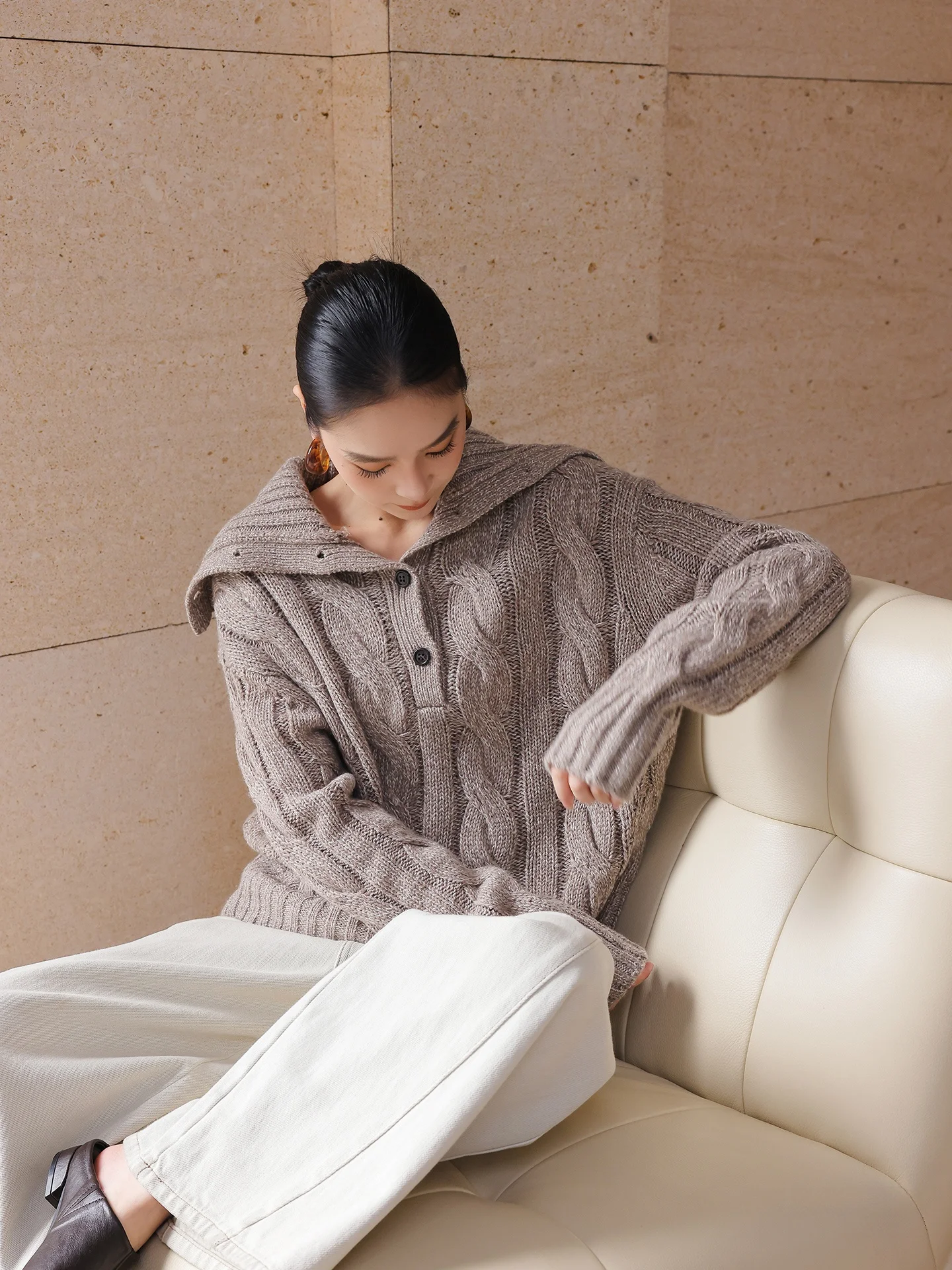 

JWUNIQUE Women's Knitted Wool Blend Sweater Twist Mixed Fiber Collar Long Sleeve Winter Fashion Casual Comfortable Top