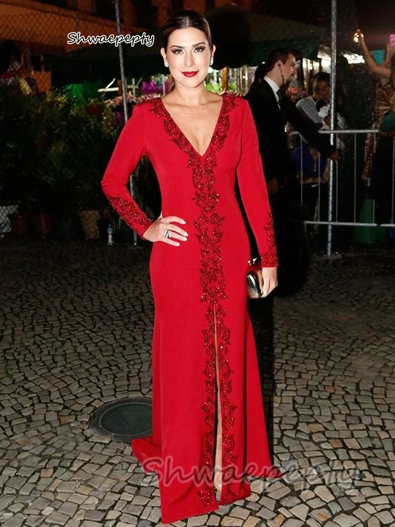 Elegante vestido de noche de sirena roja para mujer, manga larga, cuello en V, abertura frontal, vestido Formal para ocasiones, vestido de fiesta de celebridades, 2024