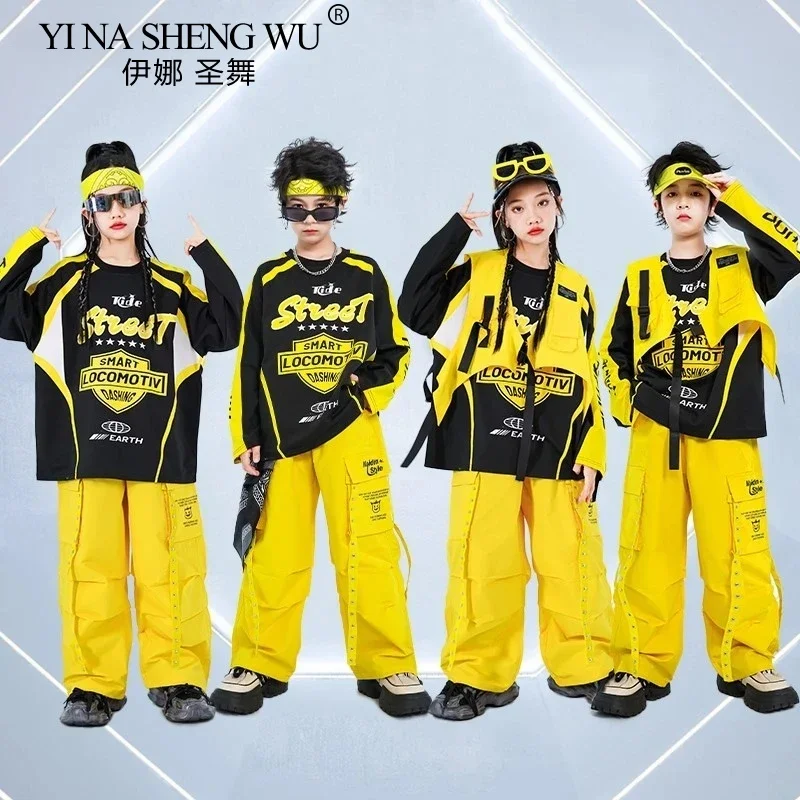 Hip hop meninos moda colete legal moletom calças de carga meninas k-pop conjuntos de roupas de dança de rua crianças trajes jazz criança streetwear