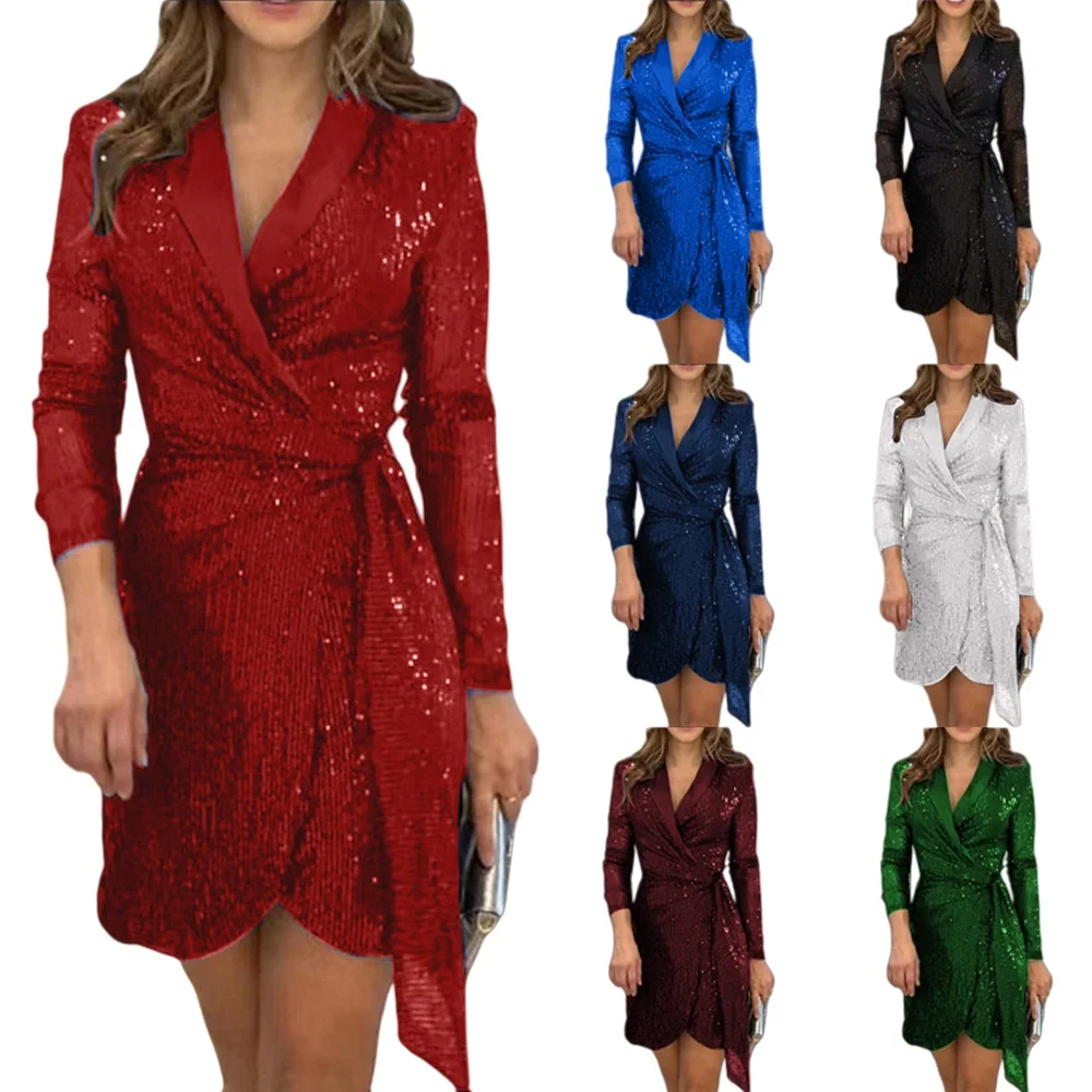 Women's Blazer Dresses Solid Color Fashion Sexy Belted Waist Series Sequined Suit Collar Long Sleeved Elegant Lace Up Dress