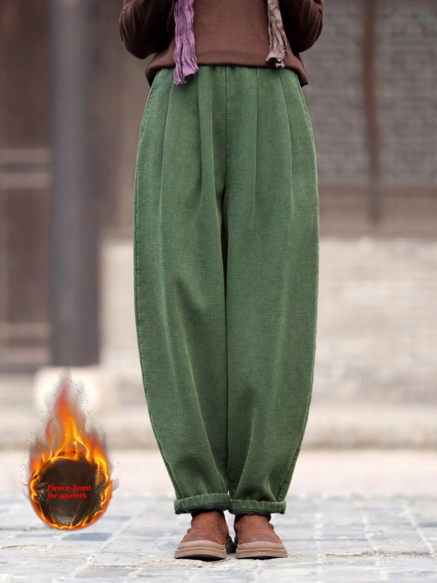 Thickened Fleece Women's Autumn Winter Loose Lantern Pants Cotton Linen Natural Waist Elastic Leisure Warmth Artistic Style