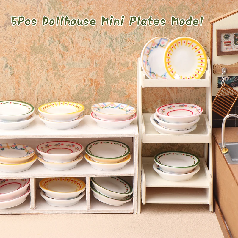 5Pcs 1/12 Dollhouse Mini Plates Dishes Model Dollhouse Simulation Kitchen Decoration Dolls House Accessories Pretend Play Toys