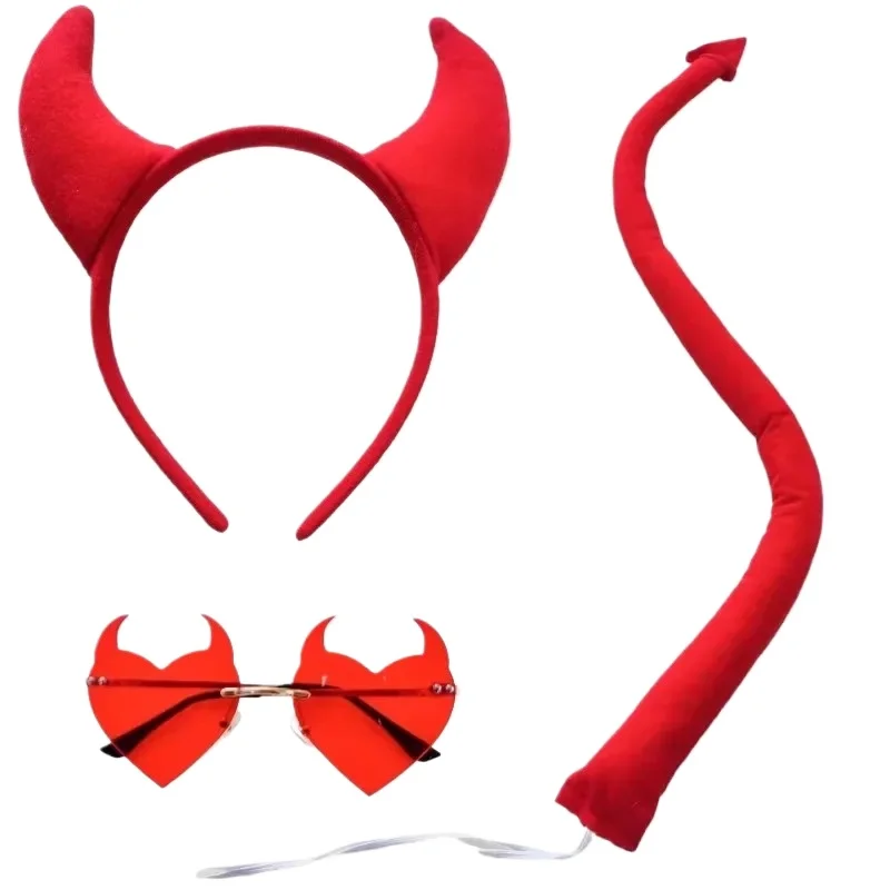 Party Women Girls Cosplay Red Black Demon Devil Headband Terrible Eyglasses Tail Bow Tie Set Halloween Costume Props