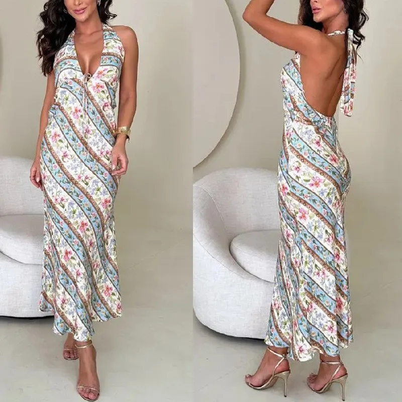 

Slant Stripes Floral Print Backless Dress Women Sexy Deep V-neck Halter Sleeveless Long Dresses 2025 Chic Party Holiday Dress