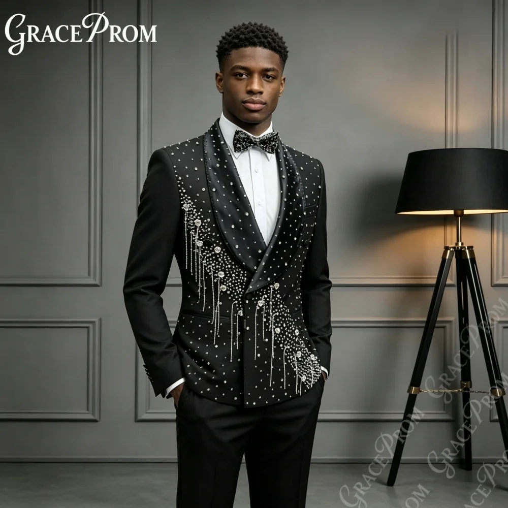 Glamorous Black Stream Beaded Men Suits 2027 Regal 2PCS Wedding Groom Sets Man Shawl Suit Set Banquet Prom Party Wear Tuxedo