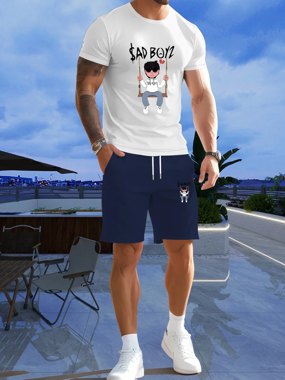 

Men's Casual Two-piece Short Sleeved T-shirt - Made of Soft Elastic Polyester Fabric, Round Neck Design, Summer Style Print, Mac