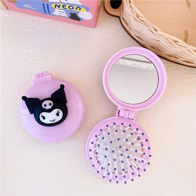 Sanrio-Mini espejo de maquillaje para mujer, peine plegable de Hello Kitty Kuromi con Airbag, portátil, cojín de aire, regalos para niñas