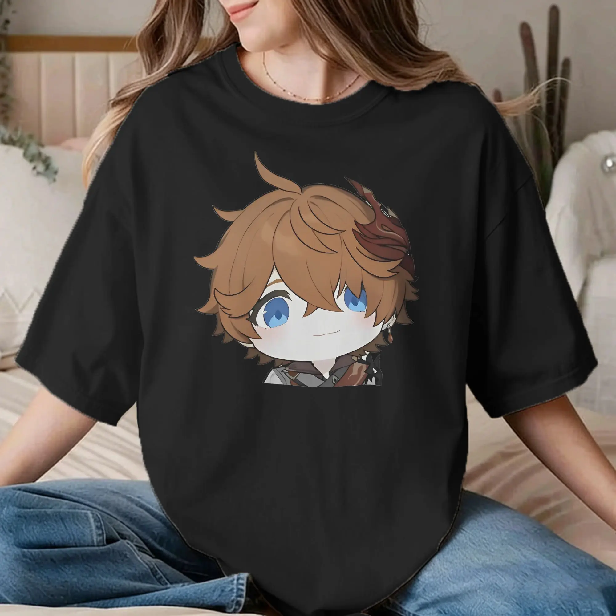 Men Women T-Shirt Tartaglia Wide Face Meme  Genshin Impact  Vintage Pure Cotton Tee Shirt Anime Game T Shirts Tops Plus Size