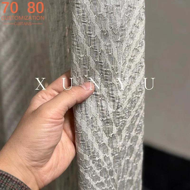 New Linen Textured Custom Grey Vertical Stripe Jacquard Blackout Curtains for Living Room Bedroom French Window Finished Product