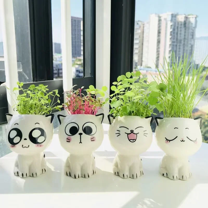 Vaso de cerâmica mini gato em forma de desenhos animados bonito vaso de mesa planta expressão vaso de mesa gato planta vaso de mesa decorar pequeno