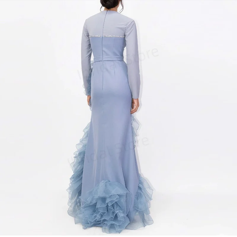 Maßgeschneidertes Abendkleid mit O-Ausschnitt für sexy Frauen, Rüschen, abgestufte Cocktailparty-Kleider mit Kristallverbindung, Meerjungfrau-Abschlussballkleider