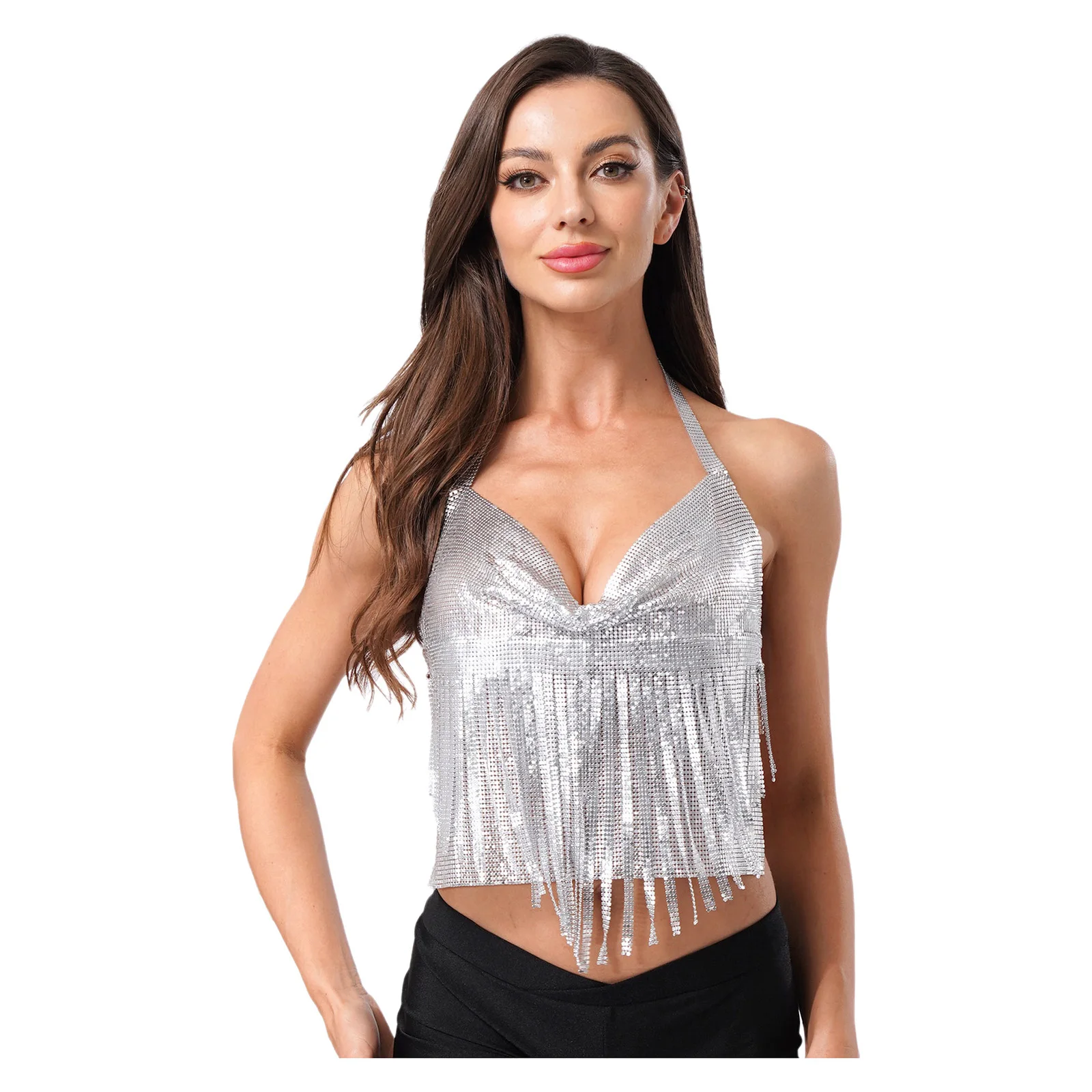 여성 패션 스팽글 캐미솔 핫 홀터 반짝 이는 메탈릭 Tassels 백 레스 크롭 탑 나이트 클럽 레이브 파티 뮤지컬 축제