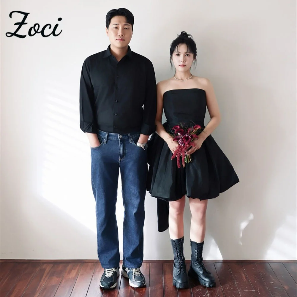 

Zoci Simple Black Short Korea Wedding Dresses Photos Shoot Strapless Taffeta Knee Length Customized Backless Formal Party Gown