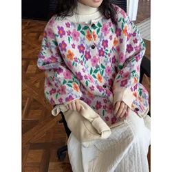 High Quality Women O-Neck Wool Knitted Sweater Flower Pattern Single Button Thick Cardigans Clothes Tops For Women Sweater