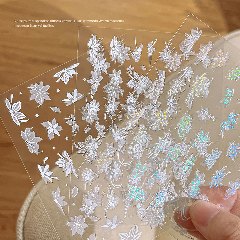 White Magnolia Flower Hand Drawn Temperament Nail Sticker Enhancement Adhesive Decal Decoration