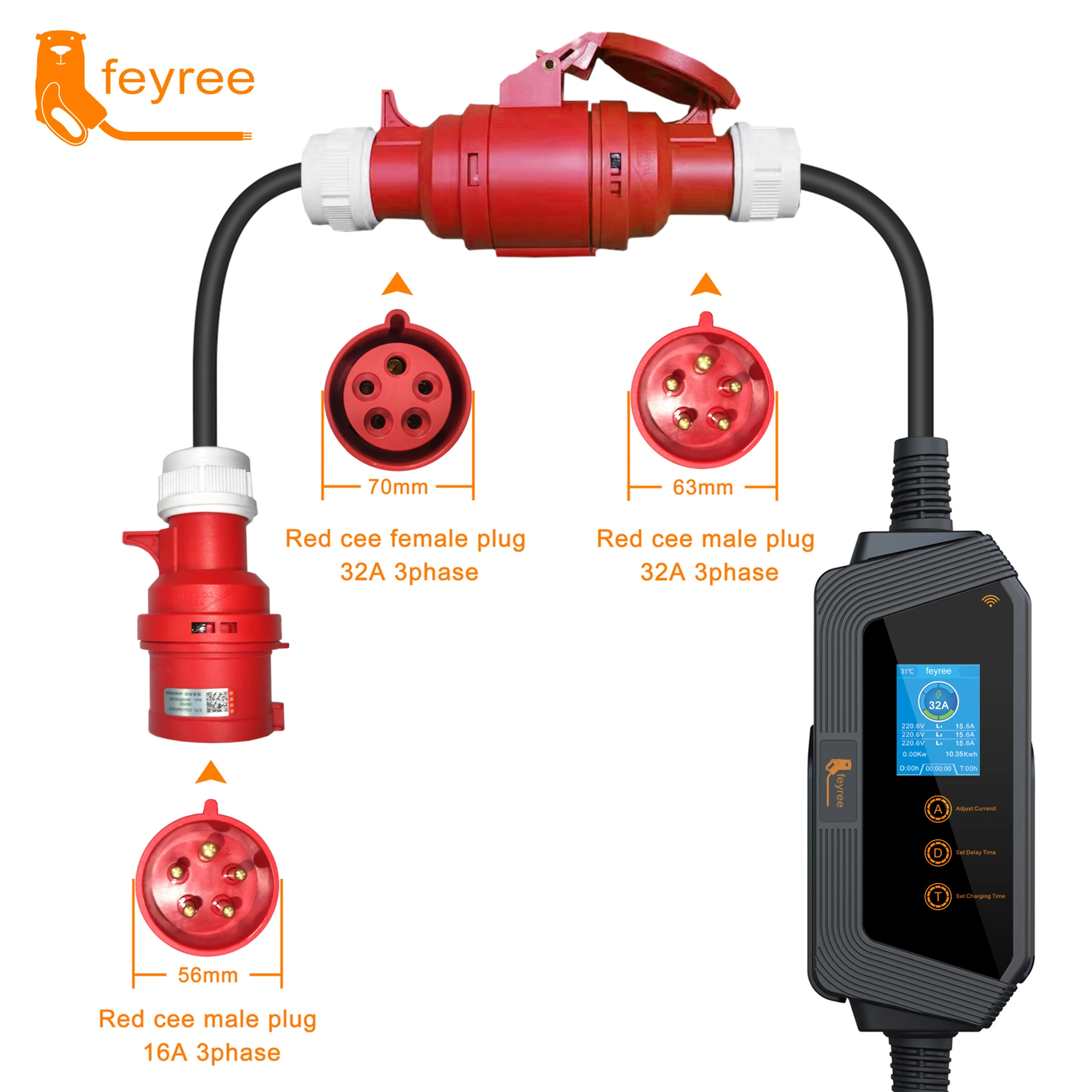 Feyree-estación de carga para vehículos eléctricos, Cable EV de 7kW, 11kW, 22kW, con aplicación de Control WIFI, IEC62196-2, EVSE Wallbox tipo 2