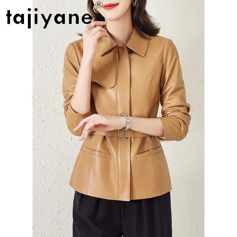 Tajiyane-Veste en cuir 100% véritable pour femme, manteau de haute qualité en peau de mouton véritable, vestes courtes élégantes avec ceinture, 2024