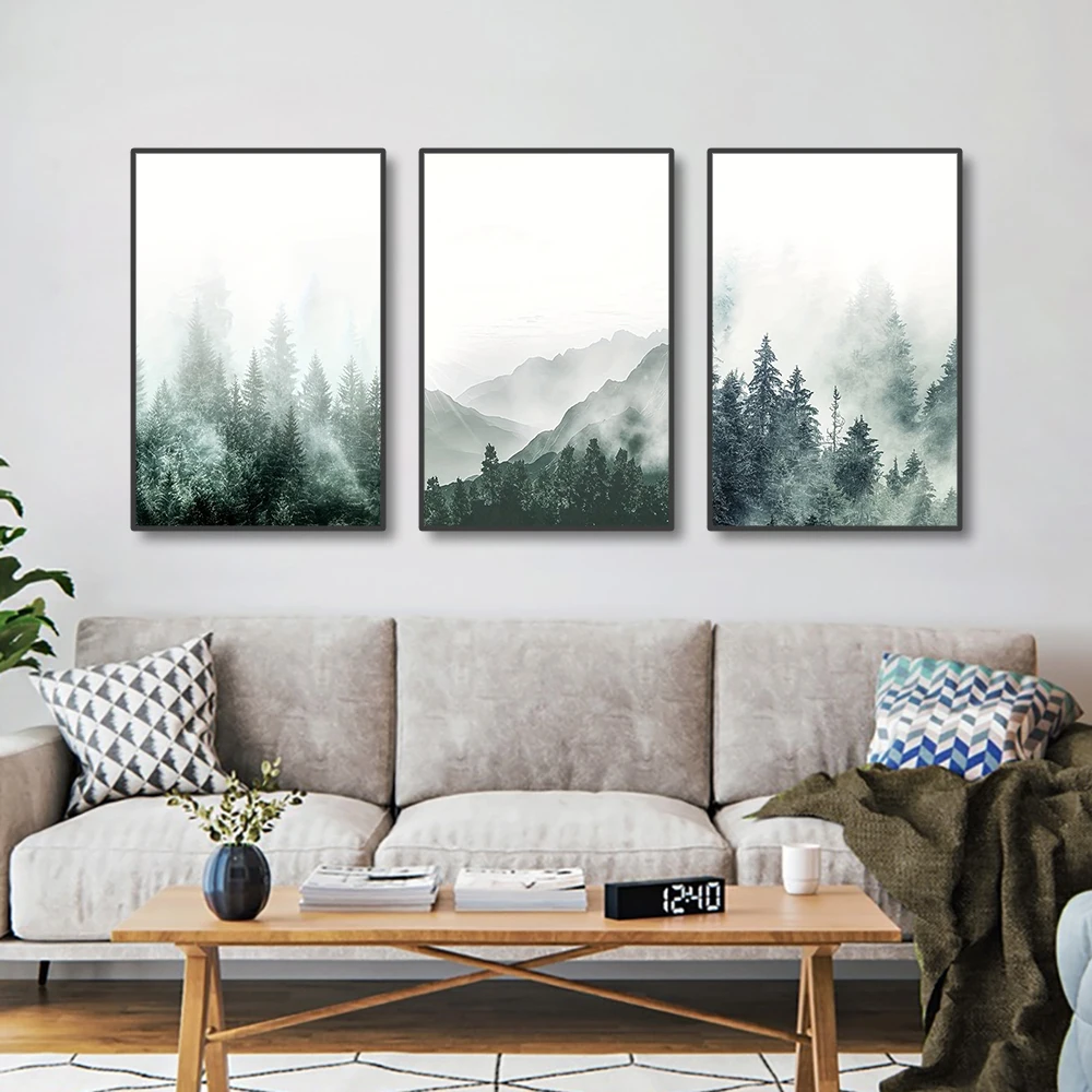 3pcs frameless Canvas Painting 3PCS Frameless Misty Forest Trees Poster Mountain Landscape Canvas Painting Modern Wall Art Decor