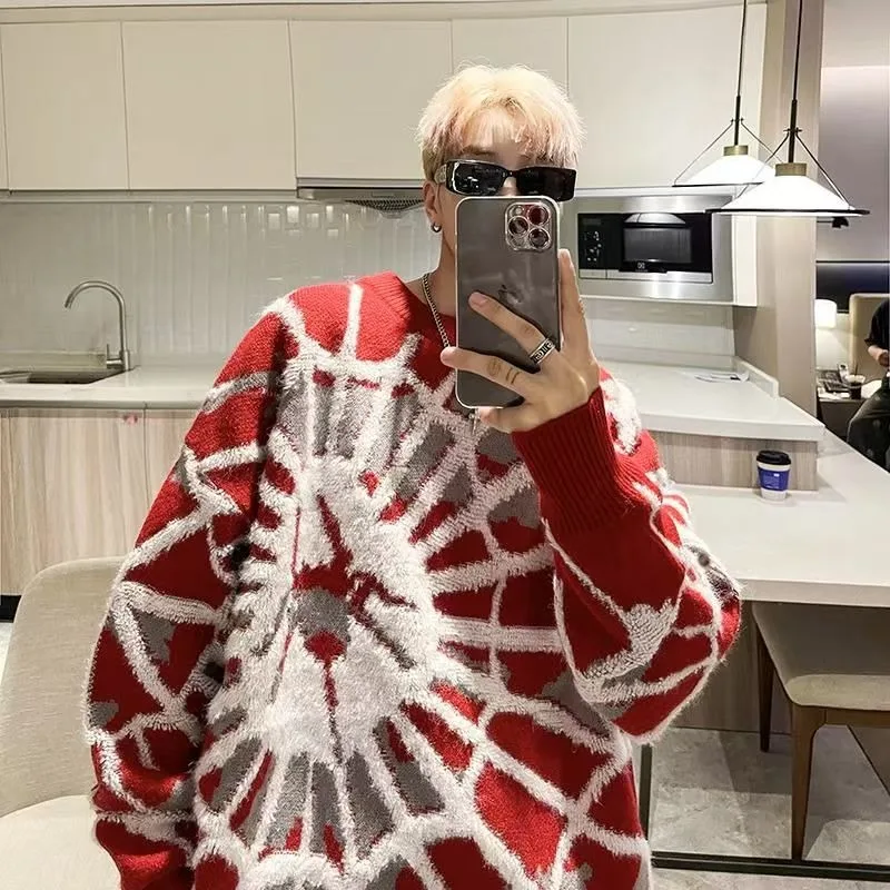 Y2K fashion High street spider jacquard men knitted sweater American autumn and winter Goth Harajuku pullover trendy sportswear