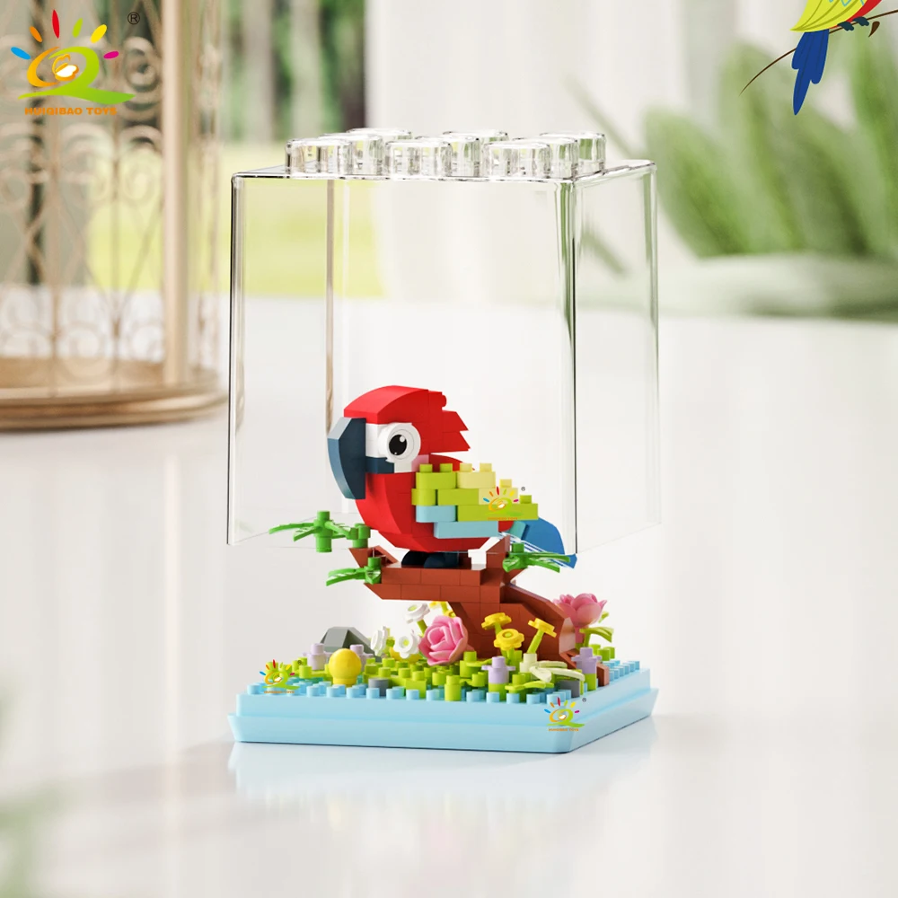HUIQIBAO MOC Papagei Vogel Blume mit Display Box Micro Baustein Mini Diamant Modell Ziegel Spielzeug für Kinder Schreibtisch Dekor. – Detail 10