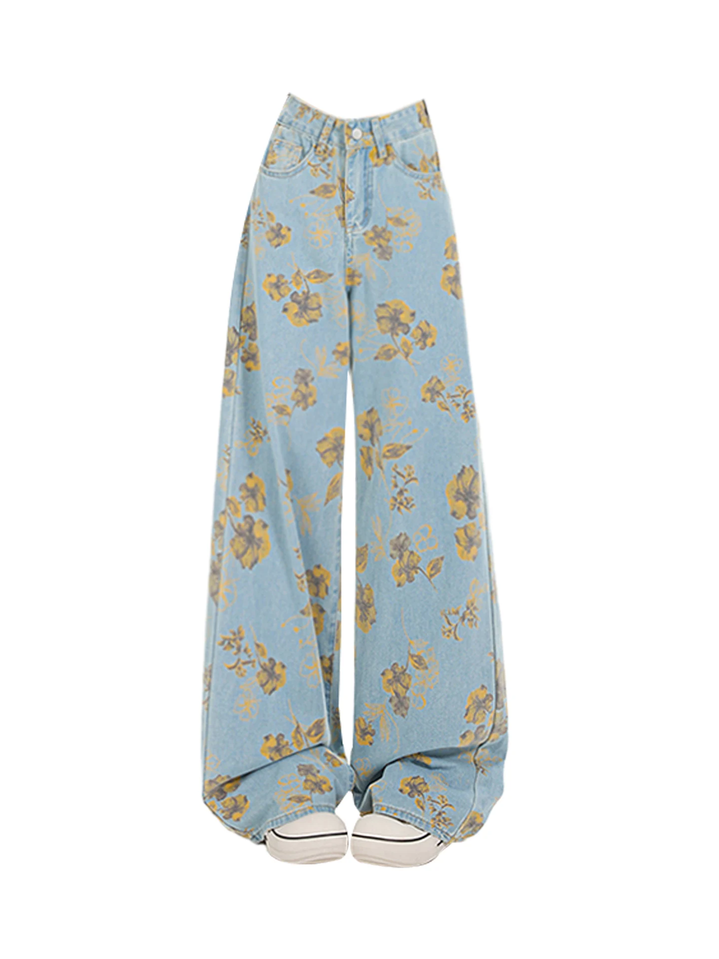 المرأة الأزرق فضفاض Y2k الجرونج واسعة الجينز Japandi نمط زهرة طباعة جان السراويل خمر Harajuku سراويل جينز الملابس البديلة #2