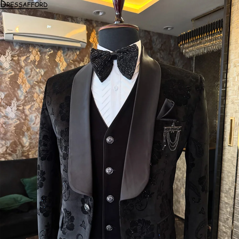 Handsome Jacquard Men Suits Single Breasted Shawl Lapel Blazer Pants Costume Elegant 2 Piece Party Prom Wedding Slim Fit Set