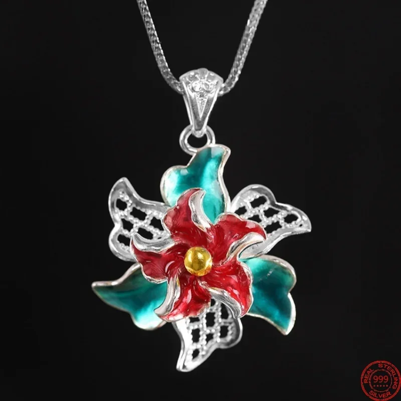 

S999 Sterling Silver Pendants for Women New Fashion Simple Hollow 3D Enamel Flowers Ethnic Style Jewelry Free Shipping