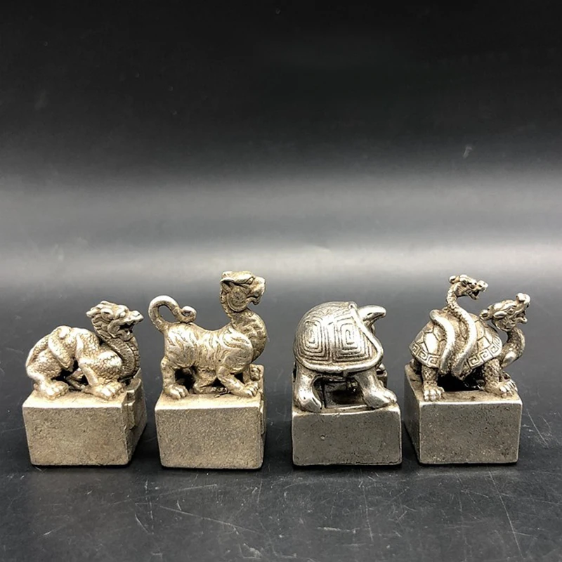 Retro Silver Plated Four Divine Beasts Seals Qianlong Reign Style Set of 4 Antique Collection Craft Ornament Real Shot