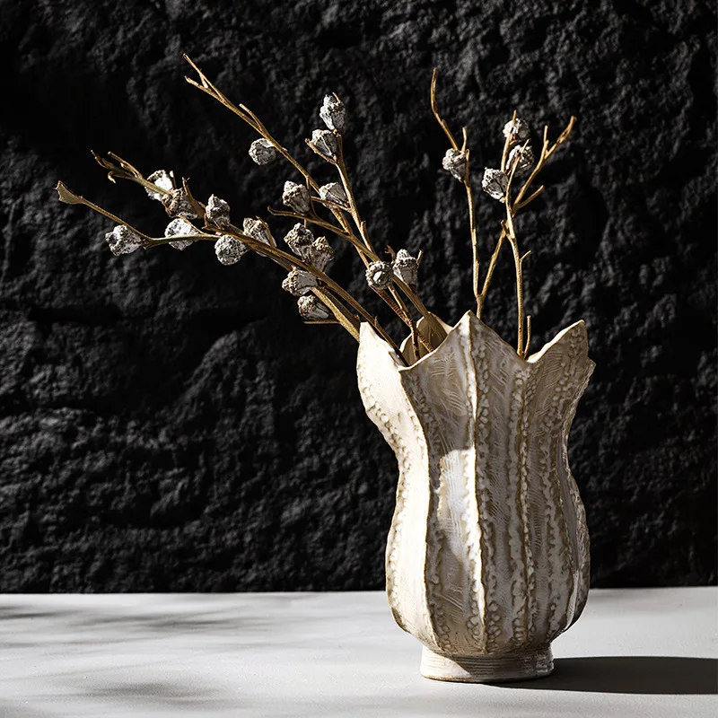 

CAPIRON Nordic Ceramic 5 Petal Vase Chic Wabi-sabi Home Decoration Accessories Living Room Modern Art Dried Flower Bookshelf Pop