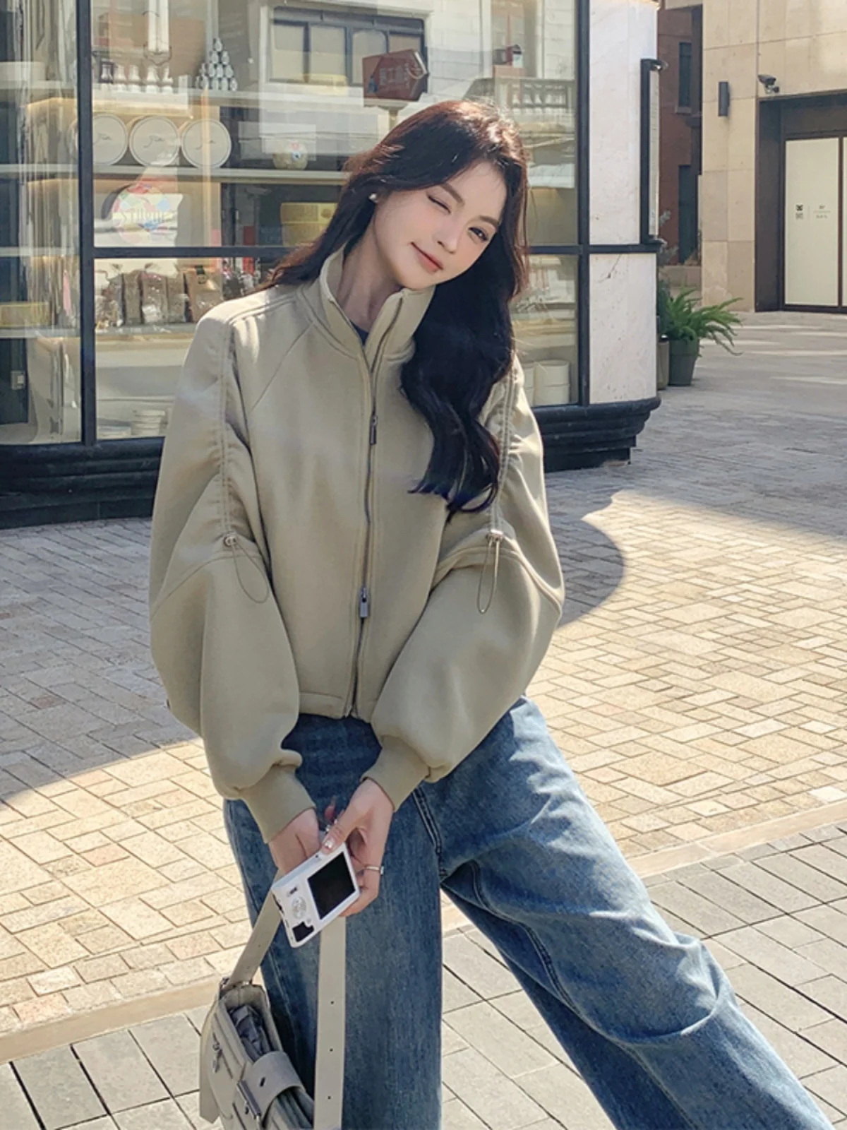 

Ladies' Loose Sweatirt Cardigan ort Jaet Stand Collar Lazy Sle Early Spring Autumn New Arrival Small Size Coat