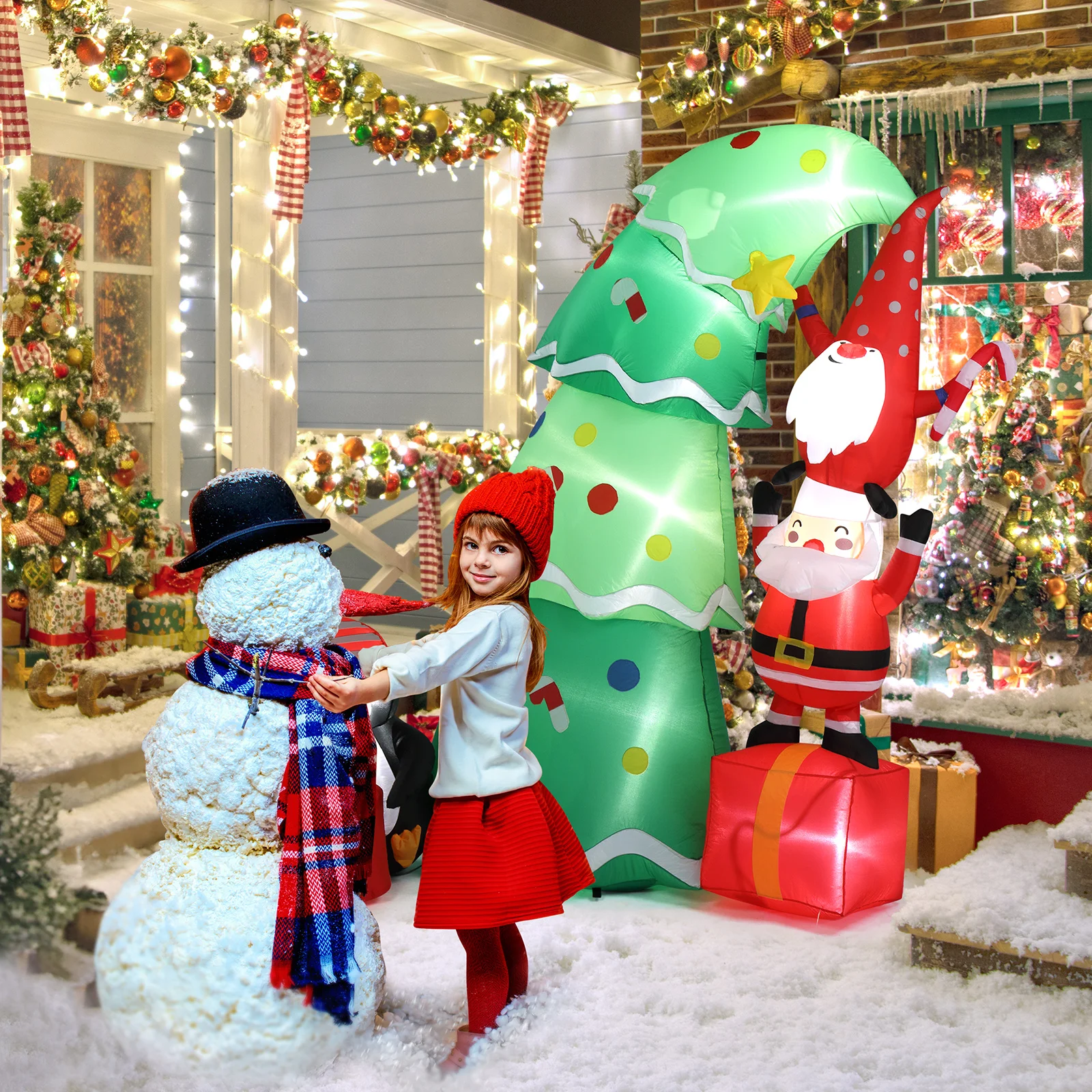 

6 FT Lighted Christmas Inflatable Decoration, Inflatable Christmas Tree with Elf and Santa Claus, Funny Blow Up Yard Decorations