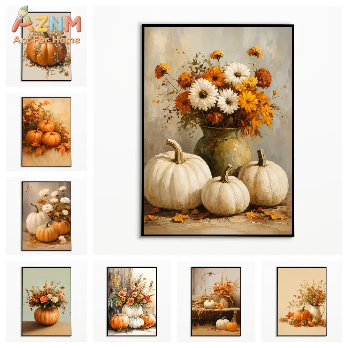 1PC Autumn Pumpkin Flower Poster Rural Harvest Wall Art Retro Halloween Decoration Canvas Printing Fall Gift