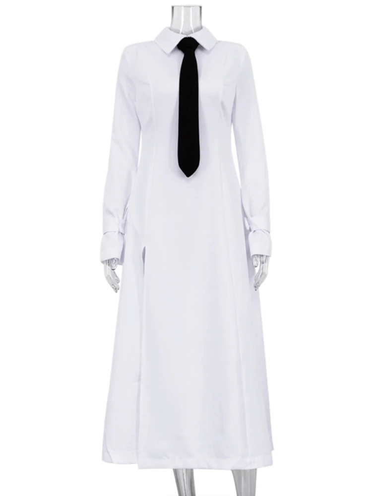 TARUXY abito lungo con spacco laterale per donna bianco elegante colletto rovesciato cravatta abiti Midi Femme 2024 New Street abito snello