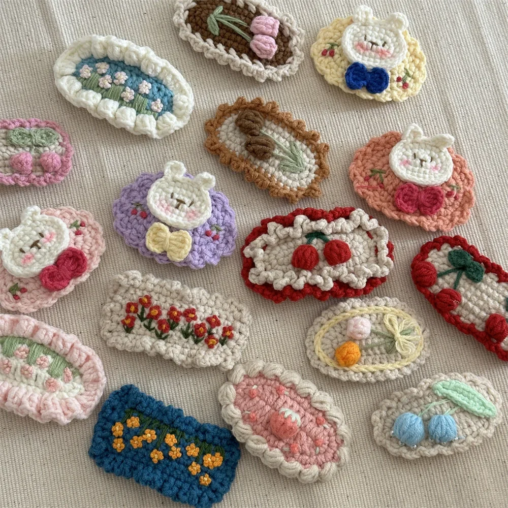 

Handmade Crochet Embroidery Yarn Flower Hair Clips Cute Bunny and Floral Side Bang Clips Colorful Flower Hairpins for Girls