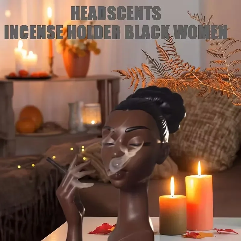 1Pcs Head Incense Burner Holder Black Woman Smoking Resin Sandalwood Censer Incense Craft Desk Home Decoration ornament