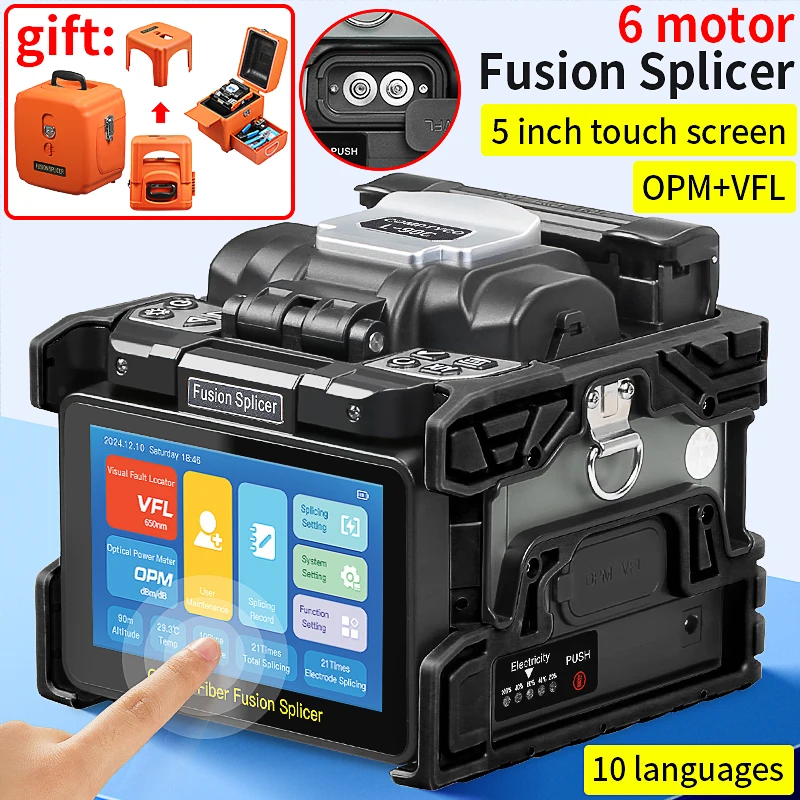 COMPTYCO L-90C Optical Fiber Fusion Splicer Multilingual Touch Screen 6 Motors FTTH Fiber Optic Fusion Machine Built in OPM VFL